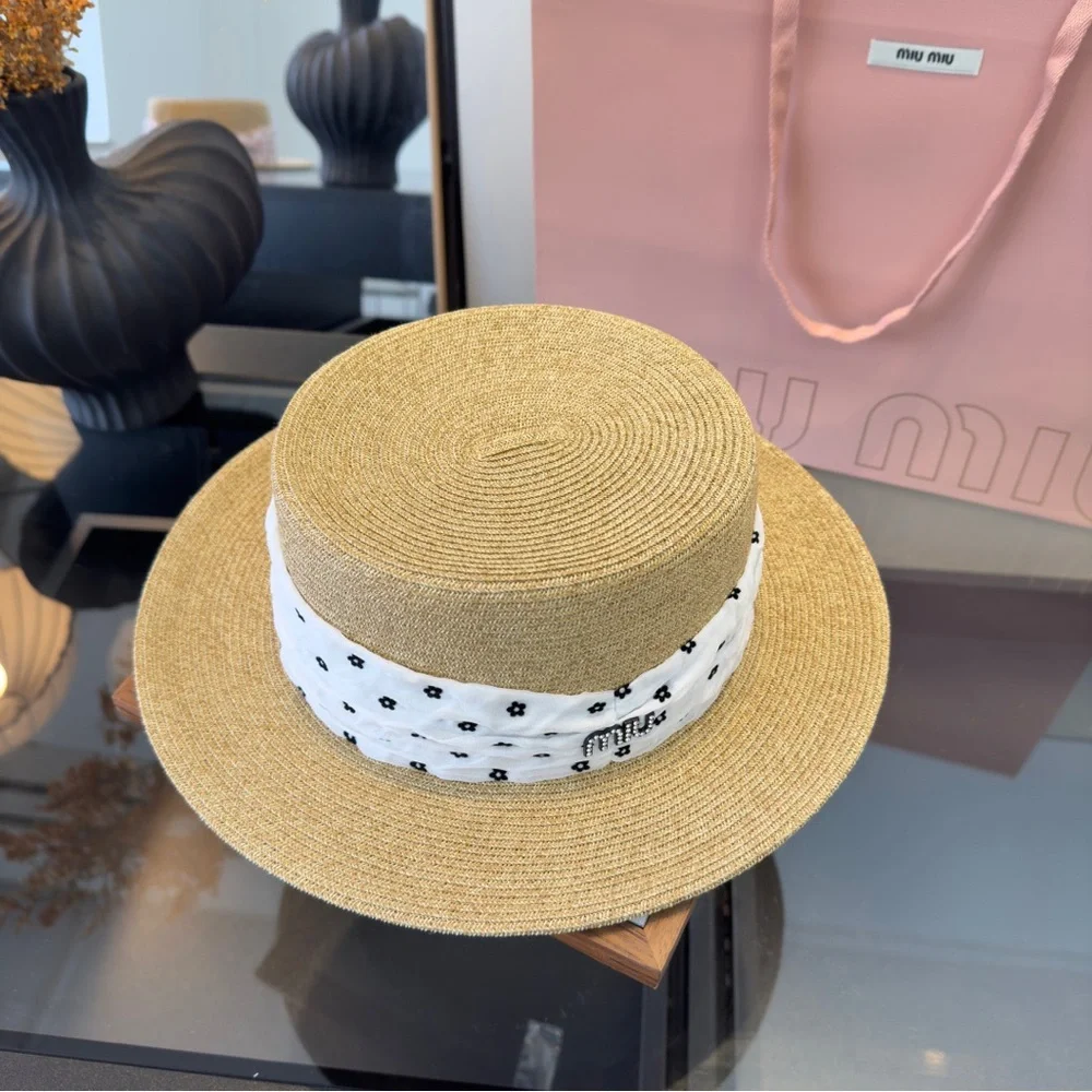 🤎 Miu Miu Straw Boater – Natural w/ White Floral Band & Crystal Logo | NWT - Picture 6 of 8
